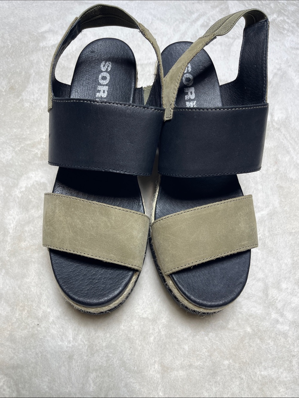 Sorel Two-Tone Black and Olive Leather Slingback Wedge Sandals Size 9